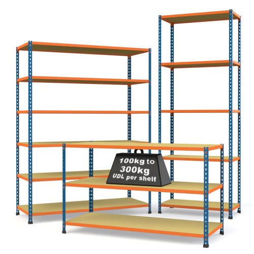 Medium Duty Steel Shelving Rax 2 - Blue and Orange with Chipboard Shelves